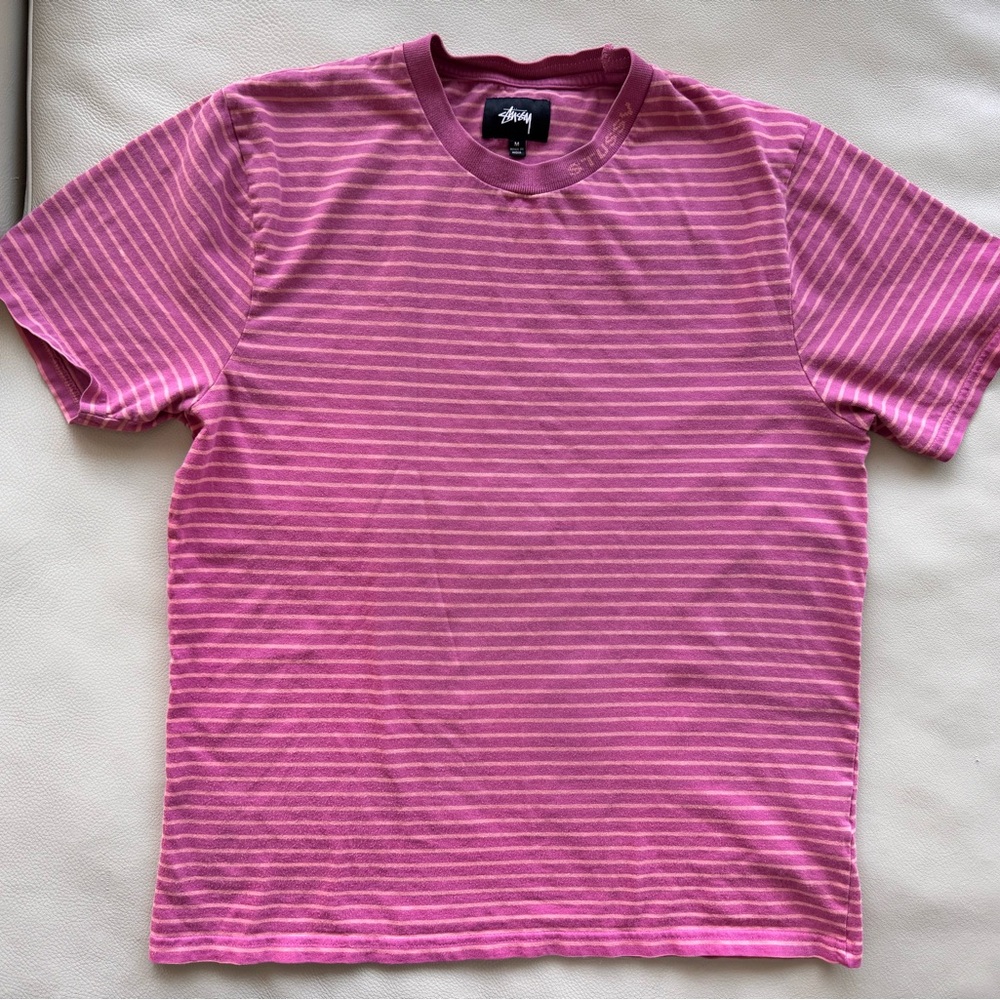 Vintage Y2K STUSSY Stüssy Raspberry Pink Striped SS Cotton Tee Shirt Med